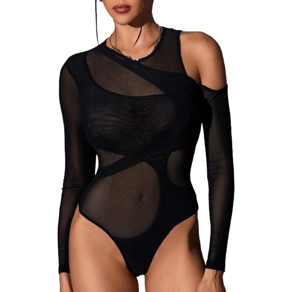 Women's Mesh Bodysuit Long Sleeve Asymmetrical Fit Rave Festival Night Out